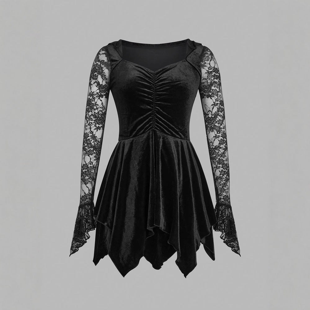 Gothic Vintage Lace Stitching Women Dress Gothic Bandage Ladies Long Sleeve Velvet Dress