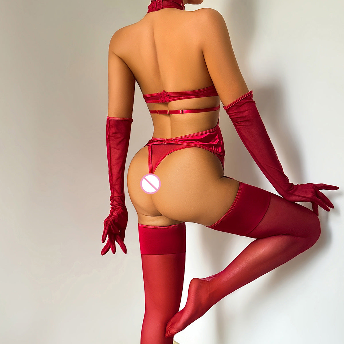 Halter Cut out Stitching Comfortable Body Shaping Sexy Underwear Split Set with Gloves