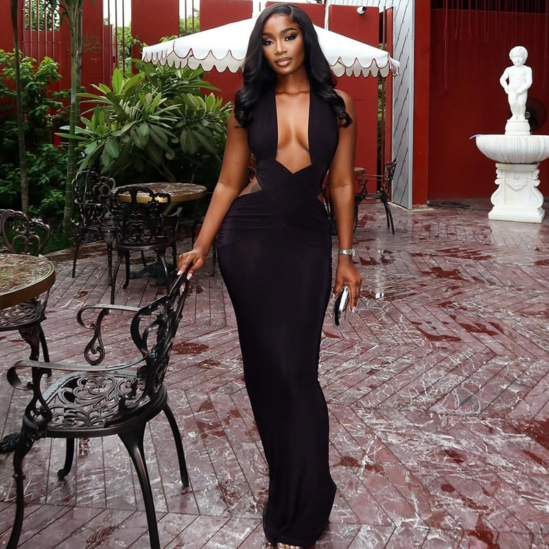 Street Solid Color Women Clothing Ruffle Hip One Step Low Cut Slim Fit Halter Slimming Maxi Dress