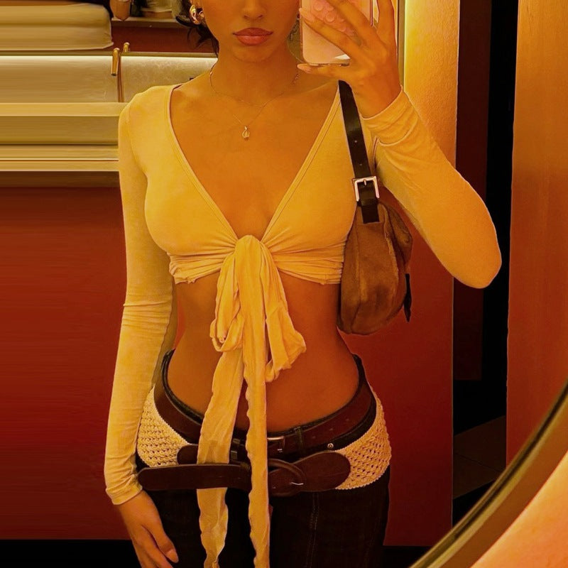 Women Clothing Summer Sexy Deep V Plunge neck Solid Color Cropped Strap Long Sleeved T shirt Top
