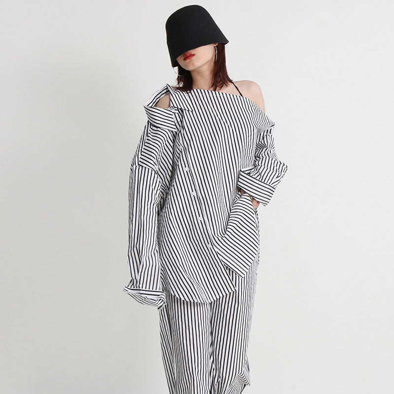 Urban Casual Simple Autumn Irregular Asymmetric Multi Way Shirt Mid Waist Straight Trousers Striped Set