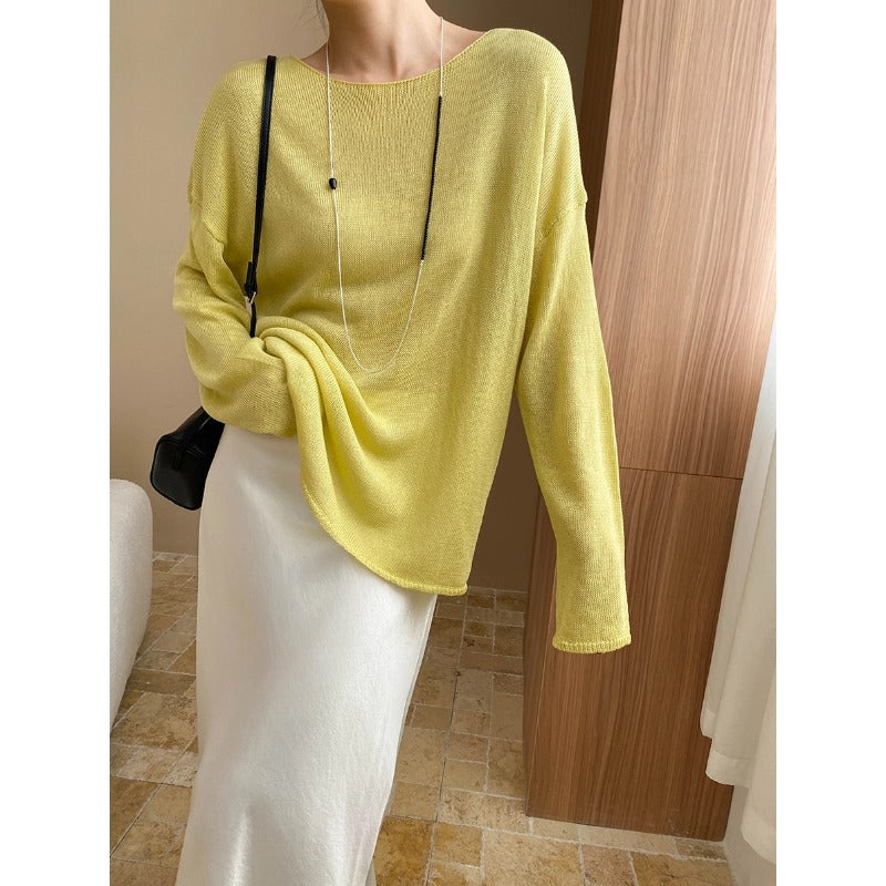Light Oxygen Breathing Feeling Tencel Linen Lazy Curling with round Neck Loose Sun Protection Knitted Blouse