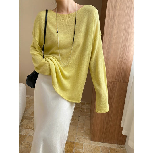 Light Oxygen Breathing Feeling Tencel Linen Lazy Curling with round Neck Loose Sun Protection Knitted Blouse