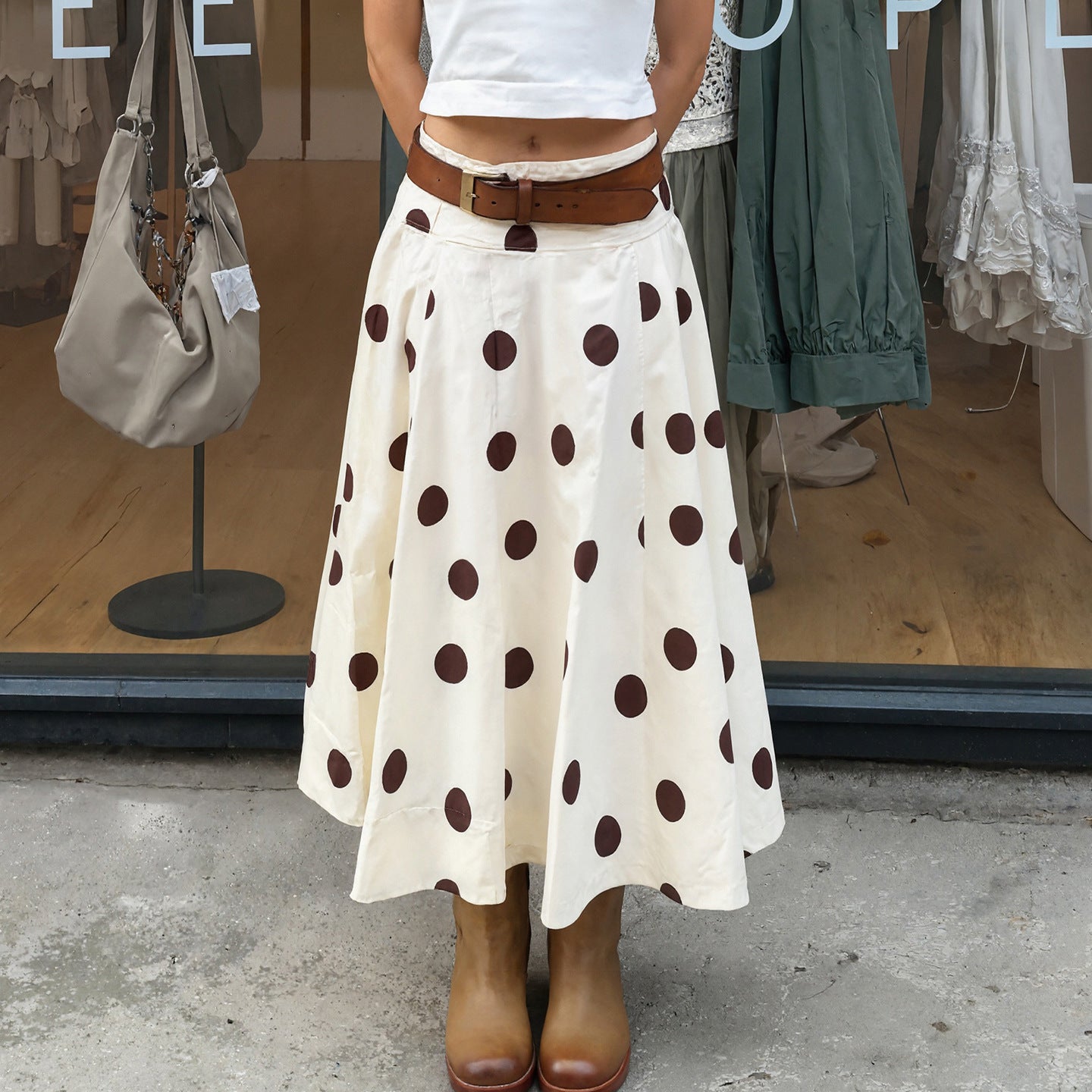 French Polka Dot Elegant Fashionable Umbrella Skirt Women Draping Vacation Mid Length Skirt
