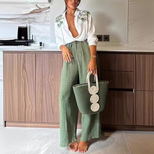 Spring Autumn Printed Long-Sleeved Single Breasted Trousers Suit Casual Loose Two Piece Suit - Wanita Store