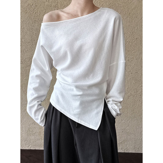 High Grade Irregular Asymmetric Shoulder Sweater Women Special Interest Design Fold Split Waist Controlled Top