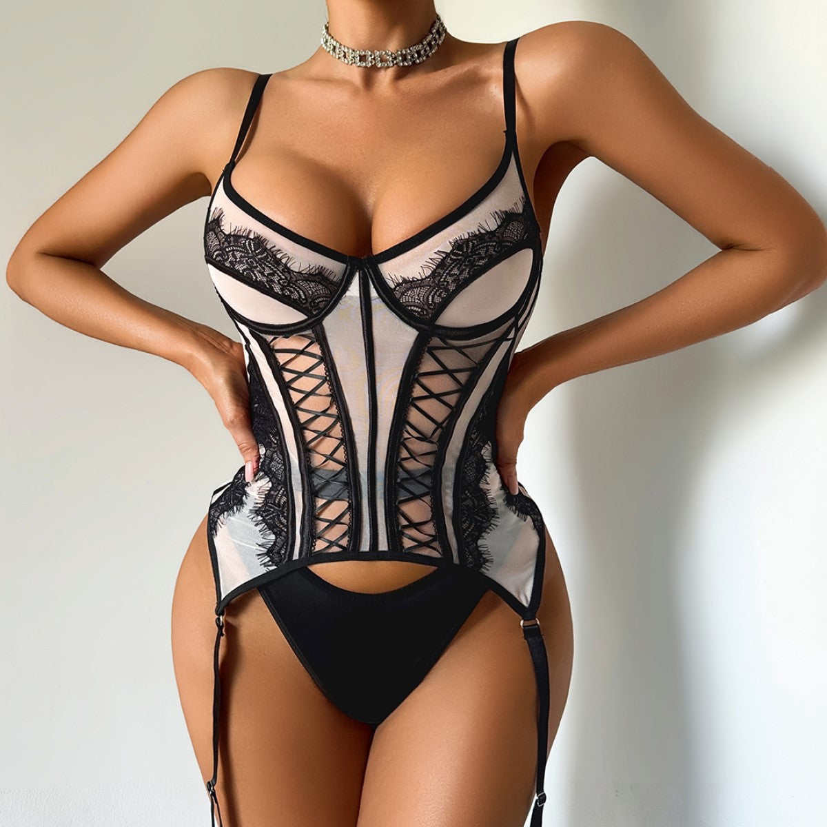 Sexy Lace Stitching Sheer Mesh Boning Corset Shaping Slim Fit Sexy Split Set