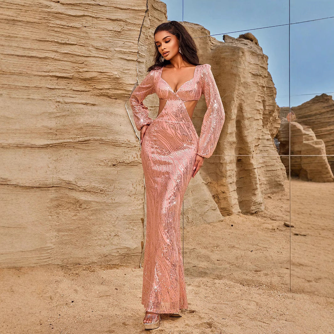 Women Evening Dresses Long Sleeve Beauty V neck Sexy Backless Dress Long Sequined Women Clothing Dress