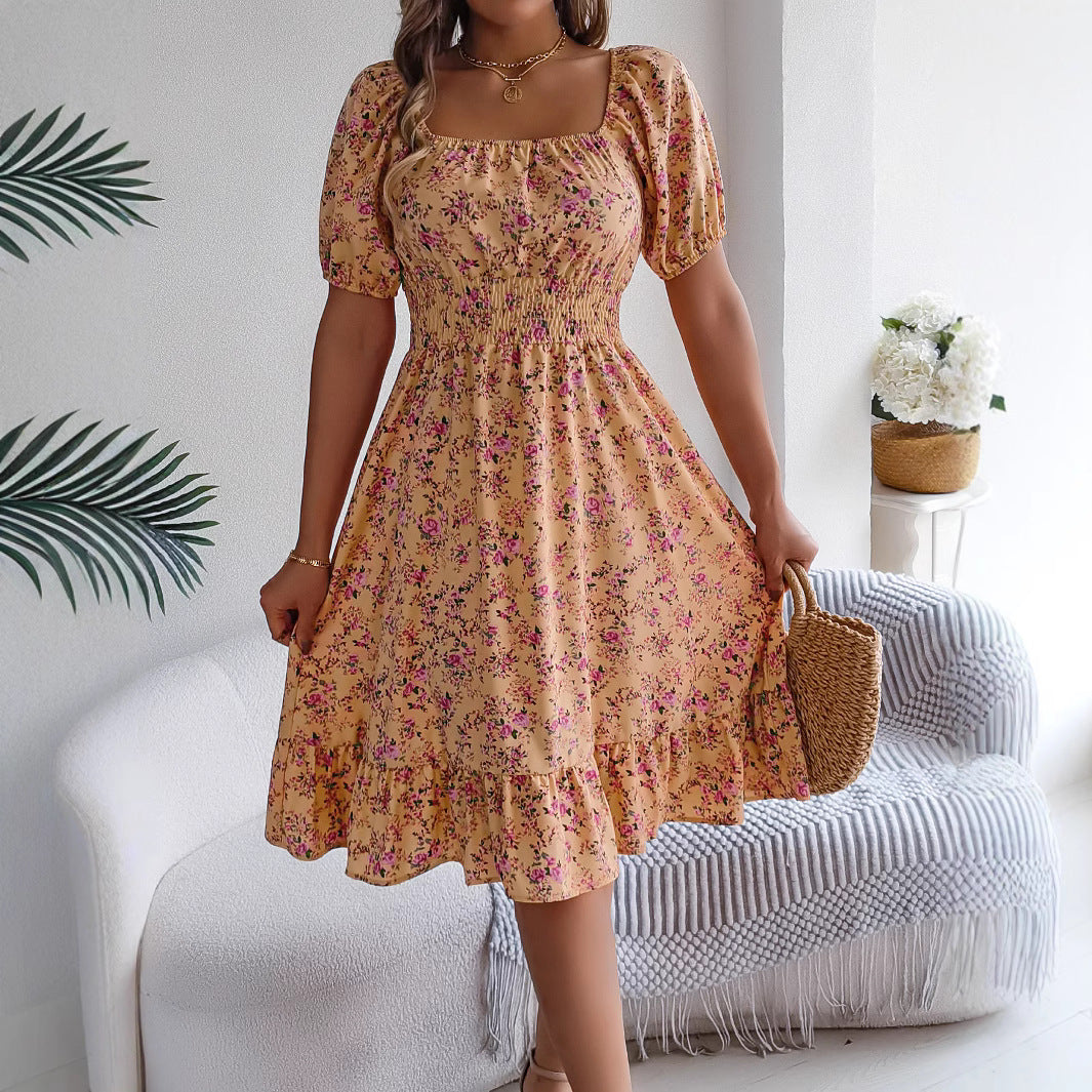 Spring Summer Floral Square Collar Short Sleeve Waist Controlled Ruffled A line Women Clothing
