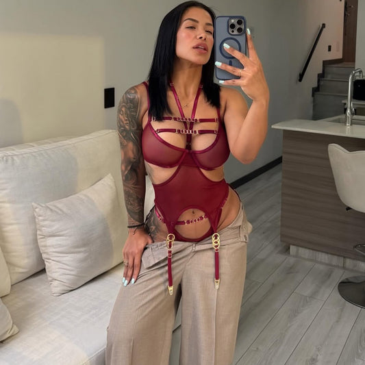 See through Mesh Hollow Out Cutout Backless Halter Metal Sexy Lingerie Sexy Four Sets