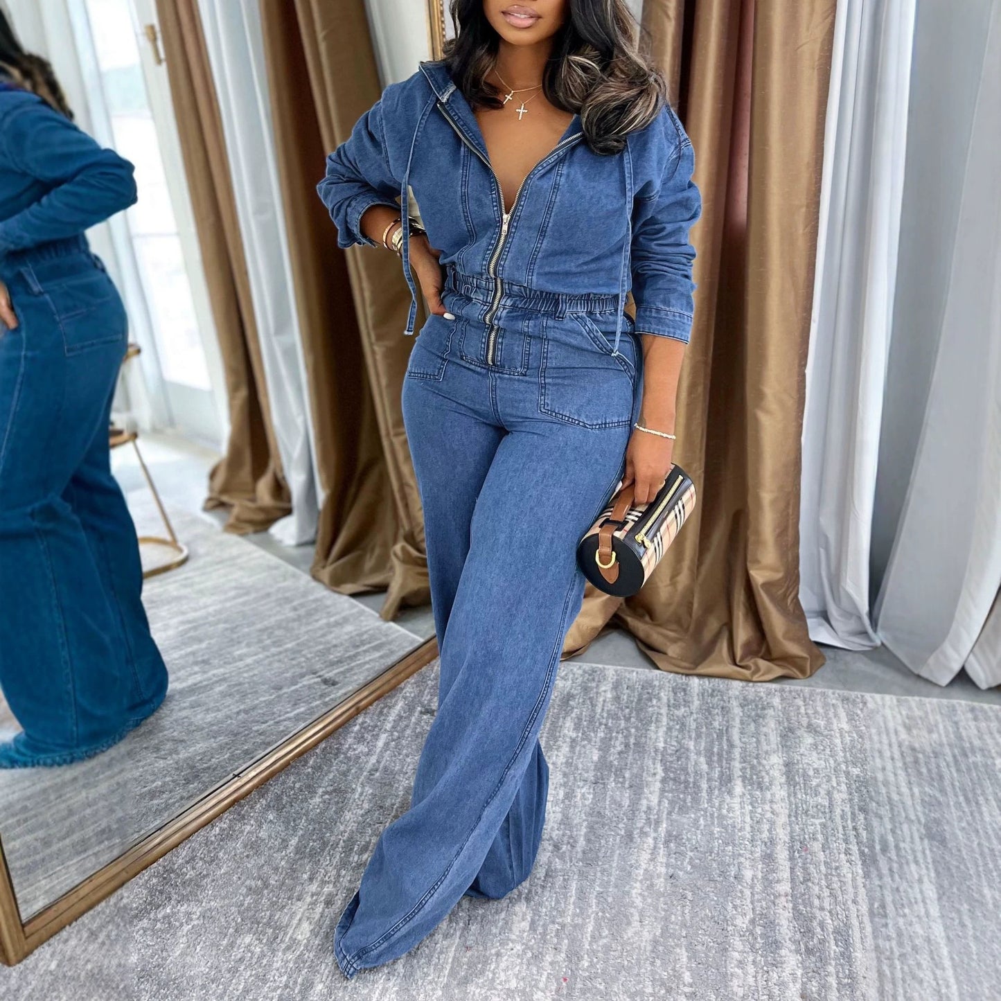 Women Clothing Long Sleeve Denim Zipper Jumpsuit Solid Color Zipper Hooded Jumpsuit Autumn