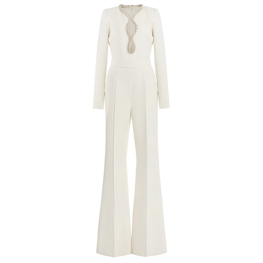 Goods Star High Street Heart Shaped Hollow Out Cutout Jeweled Bead Long Sleeve Micro Pull Jumpsuit