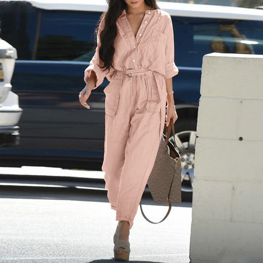 Summer Women Clothing Casual Polo Collar Printing Belt Cargo Overalls