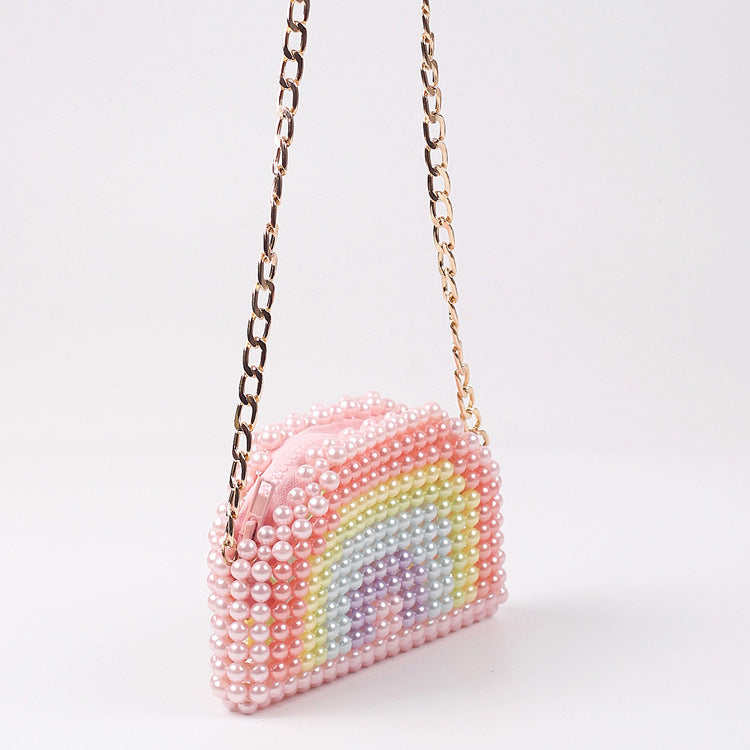 Mini Pearl Rainbow Earphone Chain Bag DIY Beaded Handmade Bag Stylish Textured Pearl Crossbody Pouch