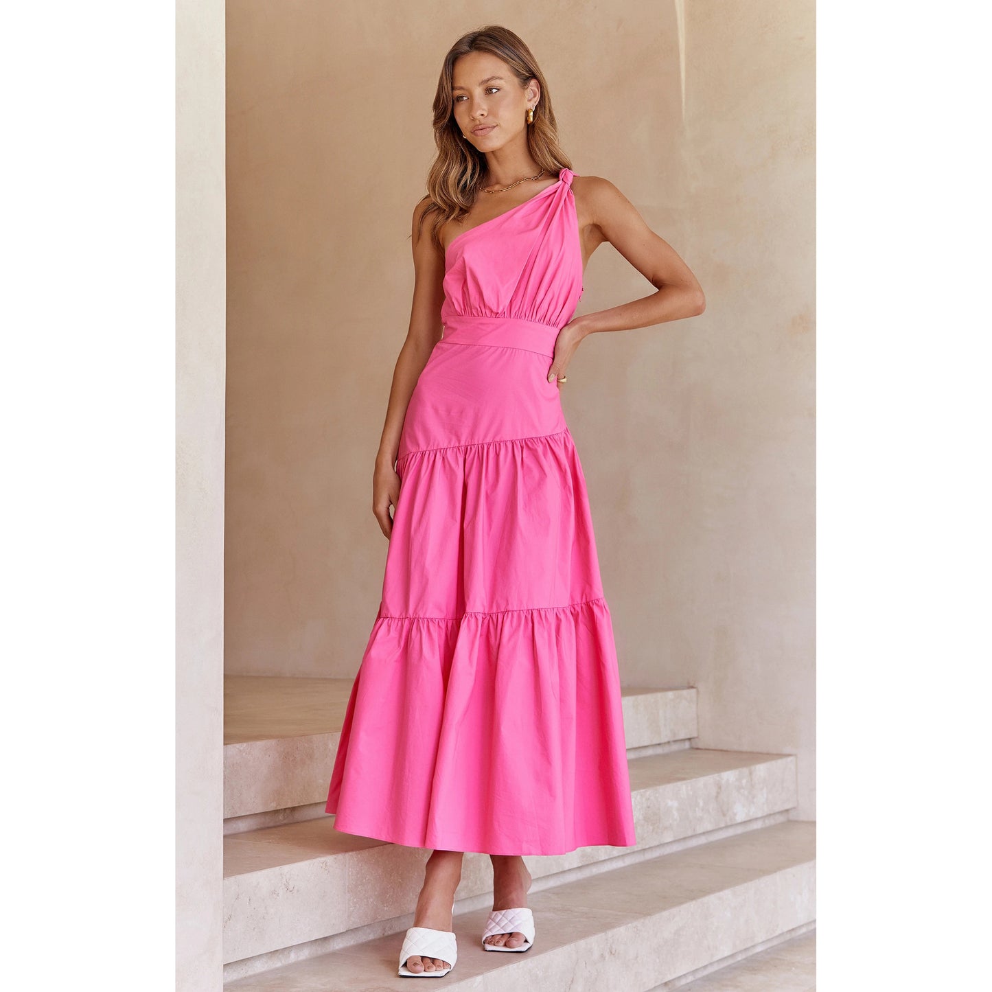 Spring Summer One-Shoulder Knotted Solid Color Fresh Long Sweet Dress