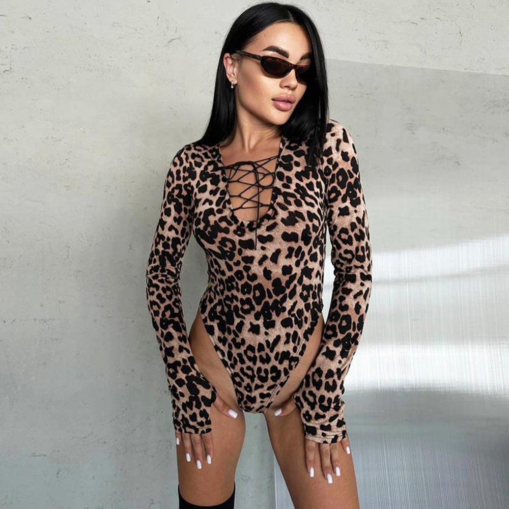Women Clothing Autumn Tether V neck Leopard Print Long Sleeve Jumpsuit