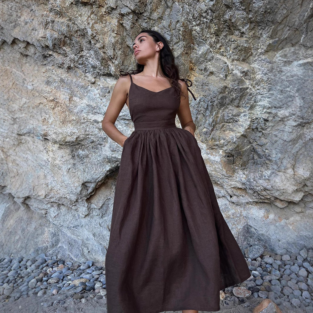 Pure Cotton V neck with Shoulder Straps Women Spring Elegant Sexy Lace up Backless Dress