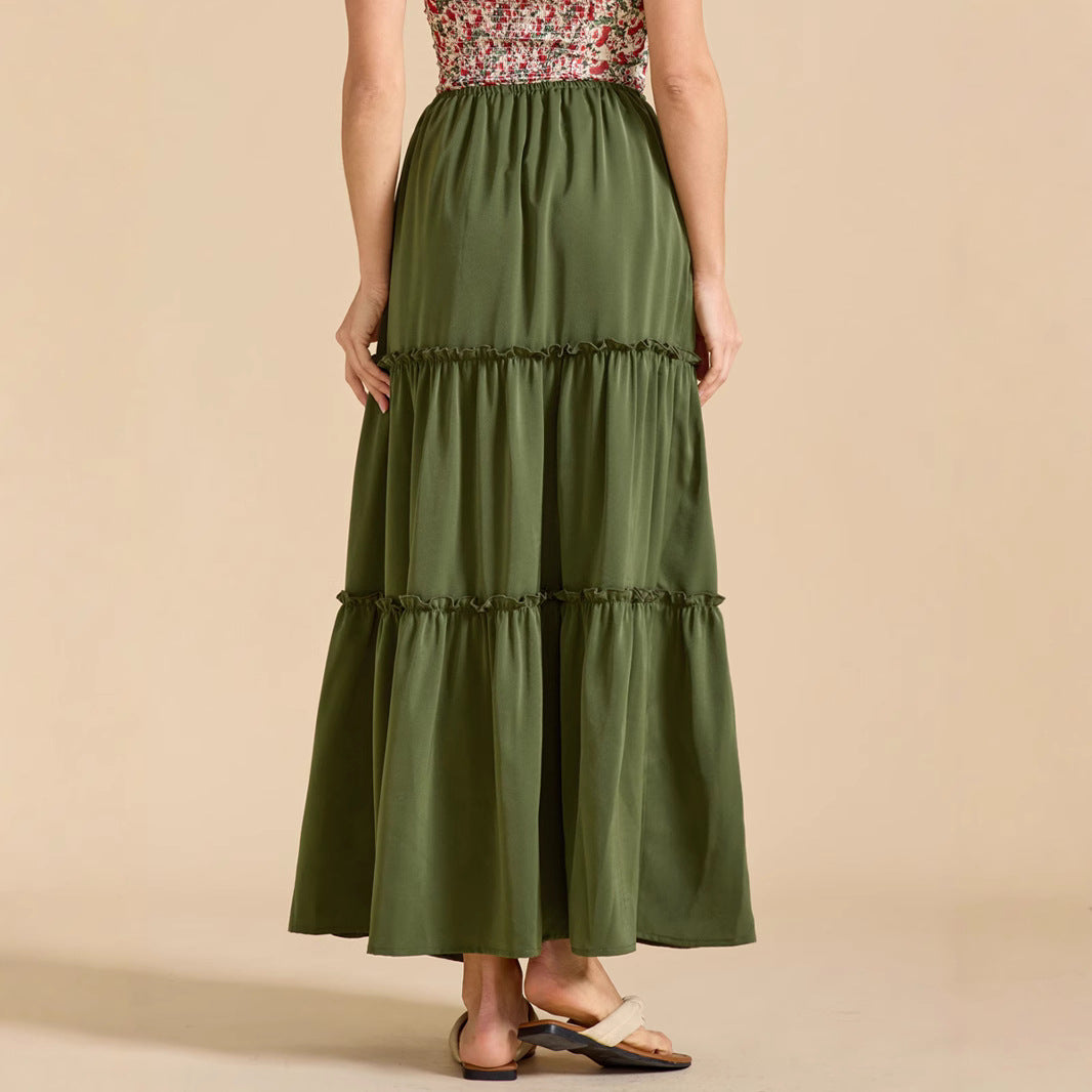 Women High Waist Elastic Pocket Long Adjustable Lace up Skirt Women