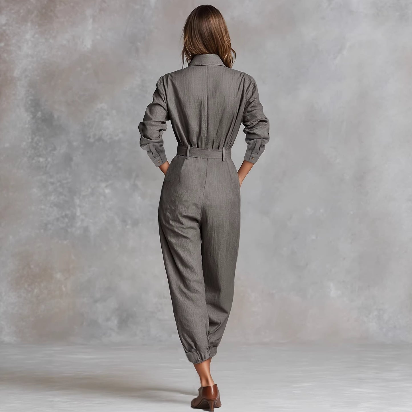French Office Gray Long Sleeve Shirt Jumpsuit Brown Wide Belt Workplace Daily Casual Women Jumpsuit