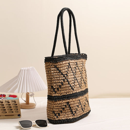 Retro Rhombus Shoulder Straw Bag Straw Bag Woven Bag Vacation Beach Women Bag