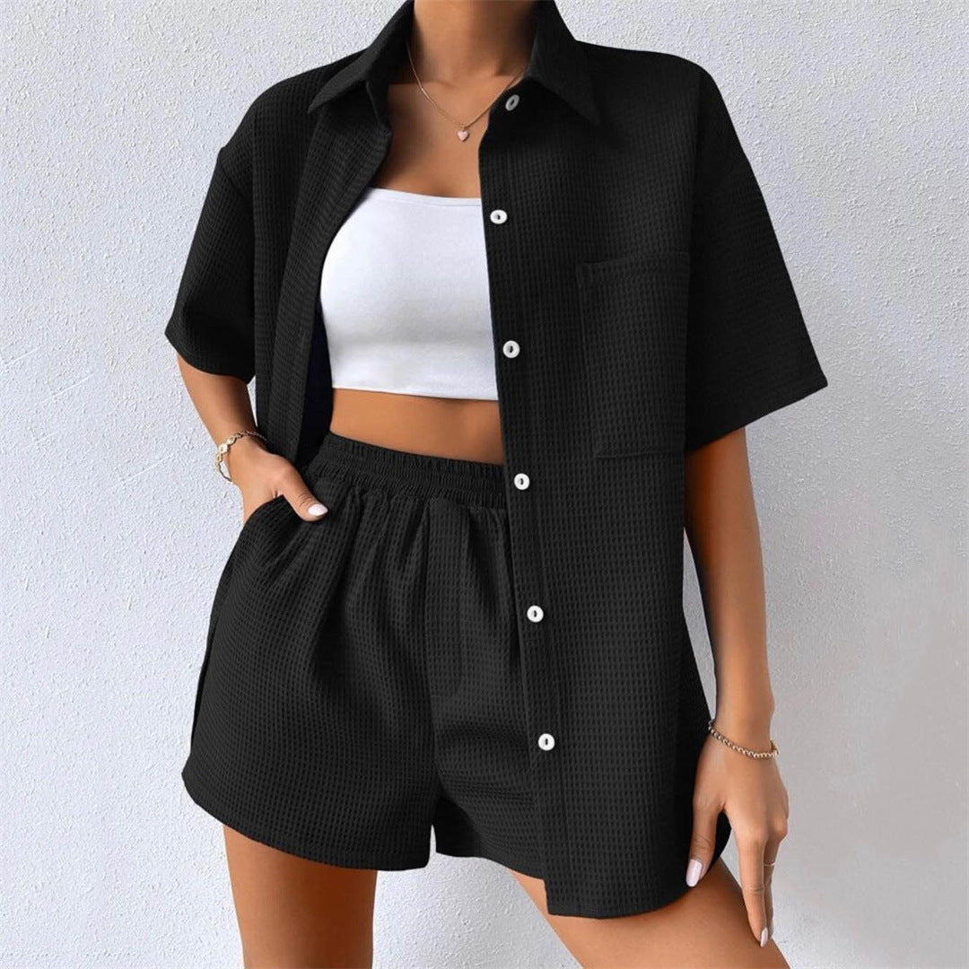 Summer Suit Women Women Loose Casual Short Sleeved Shirt Elastic Waist Shorts Two Piece Set Women