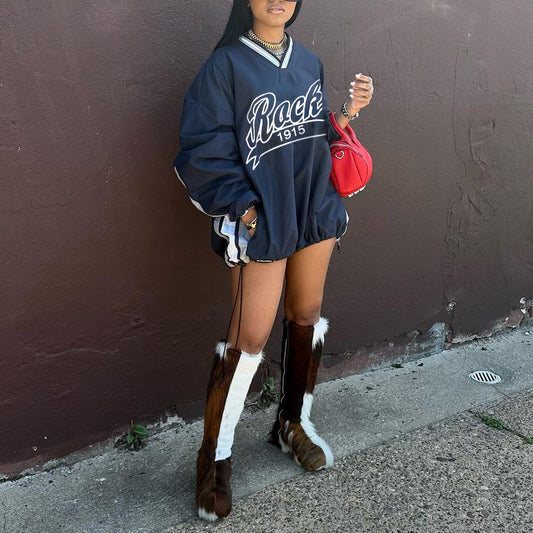 Street Casual Women Letter Graphic Print Contrast Color Women Loose Large Hoody Mid Length Drawstring V neck Top