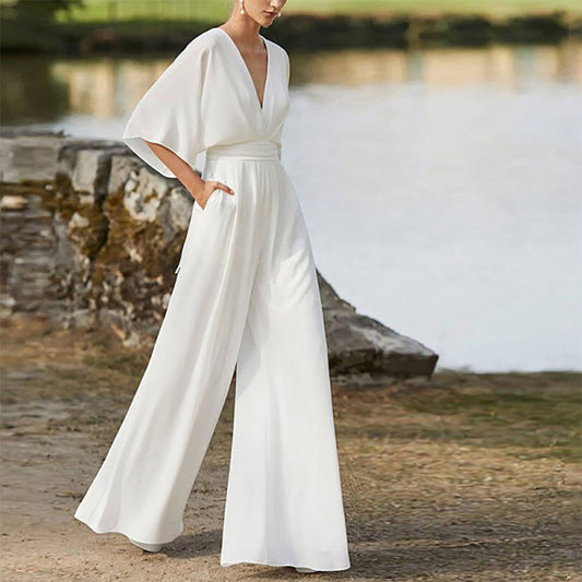 Winter Women Dress Jumpsuit Deep V Plunge High Waist Wide Leg Trousers