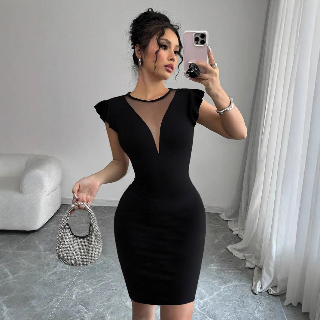 Solid Color round Neck Elegant Slimming Slim Fit Dress Women Summer High Sense