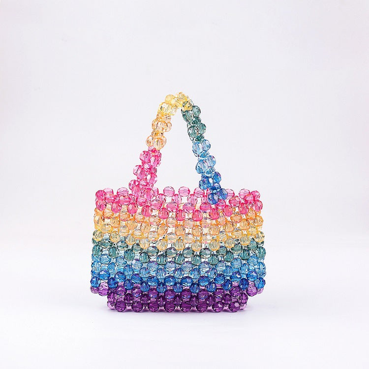 Summer Popular Street Multi Color Rainbow Candy Color Handmade Beaded Handbags Special Interest Design Ladies Bag