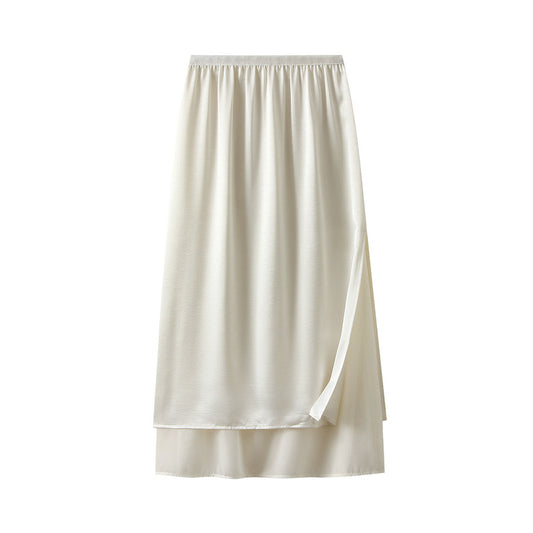 False Two Piece Patchwork Design Split Satin Skirt Women Mid Length Summer Long Skirt