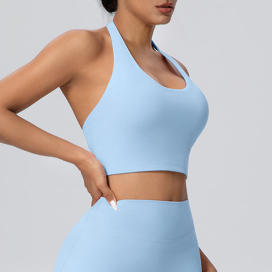 Solid Color Halter Beauty Back Nude Feel Yoga Vest Top Chest Pad Sports Bra Underwear Fitness Yoga Wear - Wanita Store