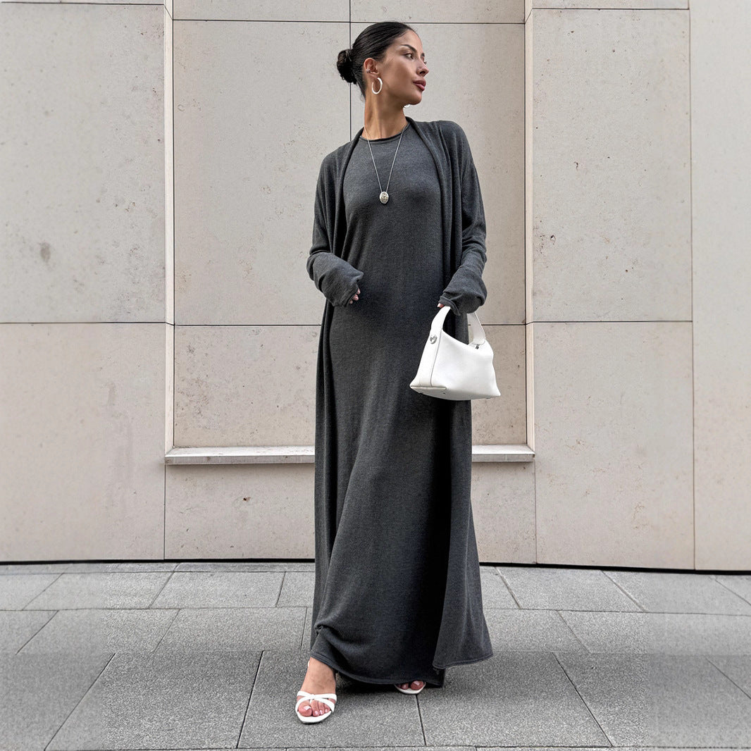 Women Knitted Long Sleeve Cardigan Sling Dress Set Autumn Soft Blouse