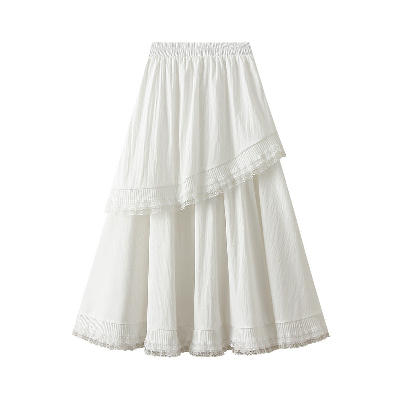 Lace Stitching Tiered Skirt Women Spring Elastic High Waist Slimming Draping Ruffled Large Swing Dress