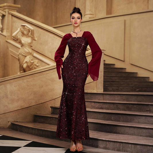 Women Clothing Advanced Long Sleeved V neck Slim Fit Cocktail Sequined Mid Length Evening Dress Women