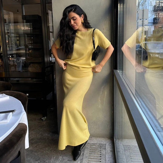 Pullover Short Sleeve Skirt Set Summer Knitting Solid Color Simple Set