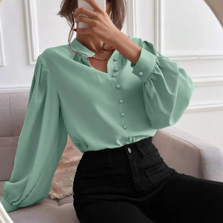 Women Shirt Autumn Elegant Solid Color Collared Long Sleeve Single Row Button Loose Women Top