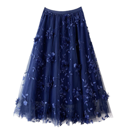 Mesh Embroidered Skirt Gentle Mid Length Skirt Three Dimensional Floral Heavy Work Gauze Skirt Fresh Fairy Dress