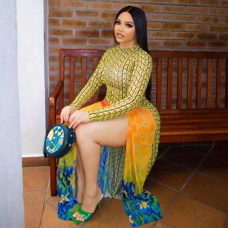 Stitching Women Printed Slim Fit Pleated Hip round Neck Long Sleeve Split Dress