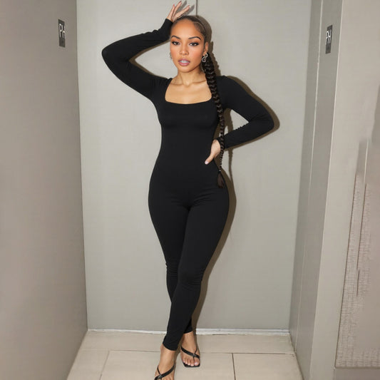 Women Clothing Autumn Winter Sexy U Collar Backless Lace up Long Sleeve Solid Color Hip Lifting Jumpsuit