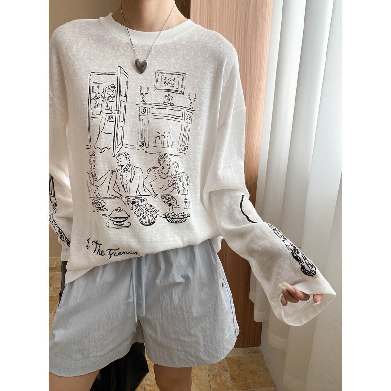 Idle Fun Cartoon Graffiti Letter Graphic Print round Neck Loose Long Sleeves T shirt
