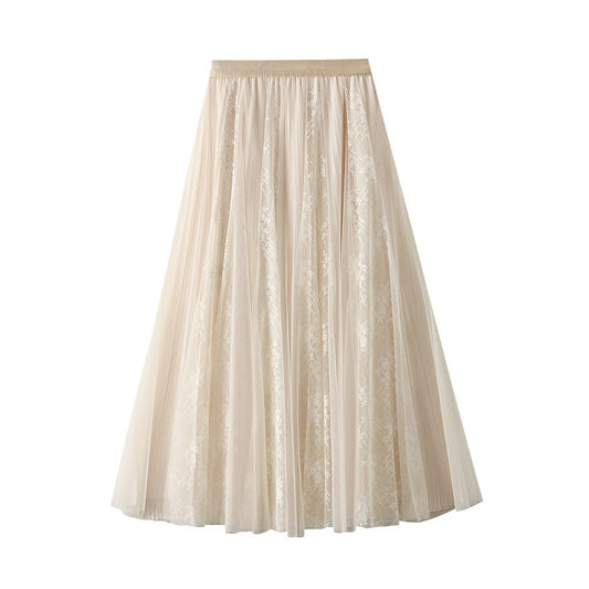 French Lace Mesh Patchwork High Waist Elastic Skirt Women Autumn Front Back Wear Slimming Elegant Maxi Skirt