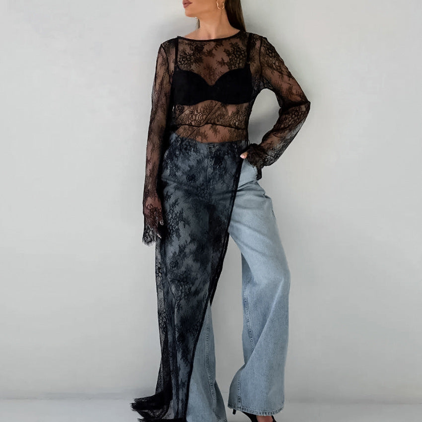 Sexy Black See through Dress Brocade Lace round Neck Long Sleeve Split Asymmetric Dress Summer All Matching Maxi Dress
