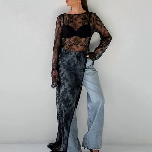 Sexy Black See through Dress Brocade Lace round Neck Long Sleeve Split Asymmetric Dress Summer All Matching Maxi Dress