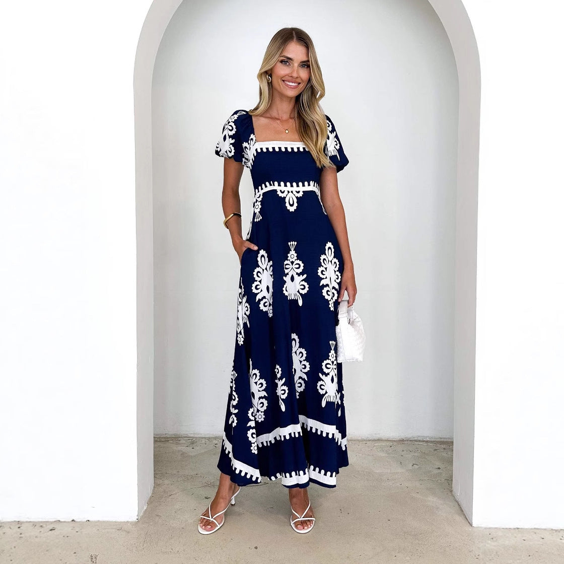 Summer Women Clothing Vacation Printed Beach Dress Smocking Dress Women