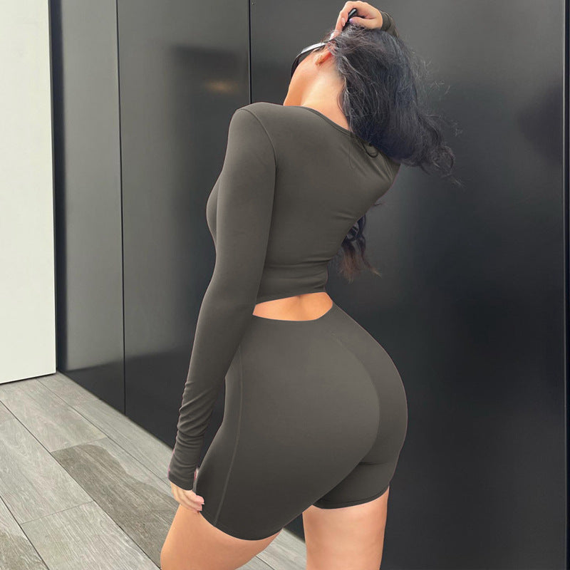 Women Clothing Autumn Winter Long Sleeve U Collar Hollow Out Cutout High Waist Hip Lifting Sport Yoga Jumpsuit