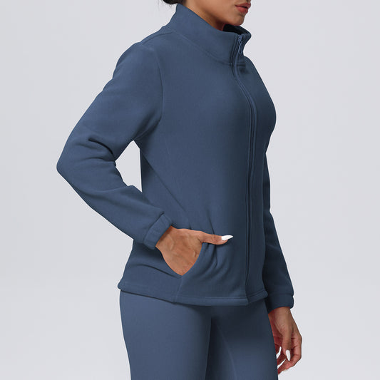 High Collar Warm Fleece Lined Zipped Sports Coat Loose Yoga Clothes Casual All Matching Women - Wanita Store