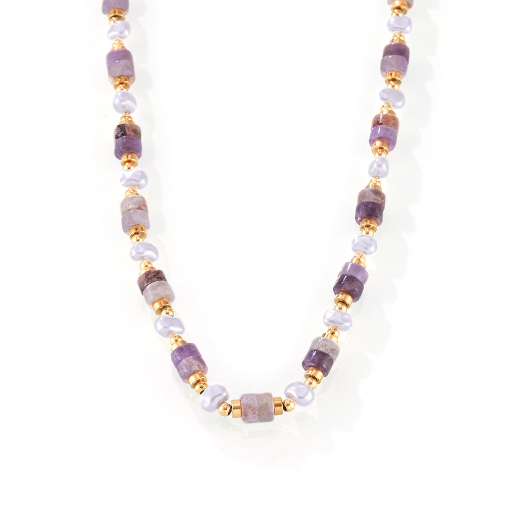 Simple Personality Elegant Gentle Shell Pearls Amethyst Handmade Beaded Design Titanium Steel Gold Plated Necklace - Wanita Store