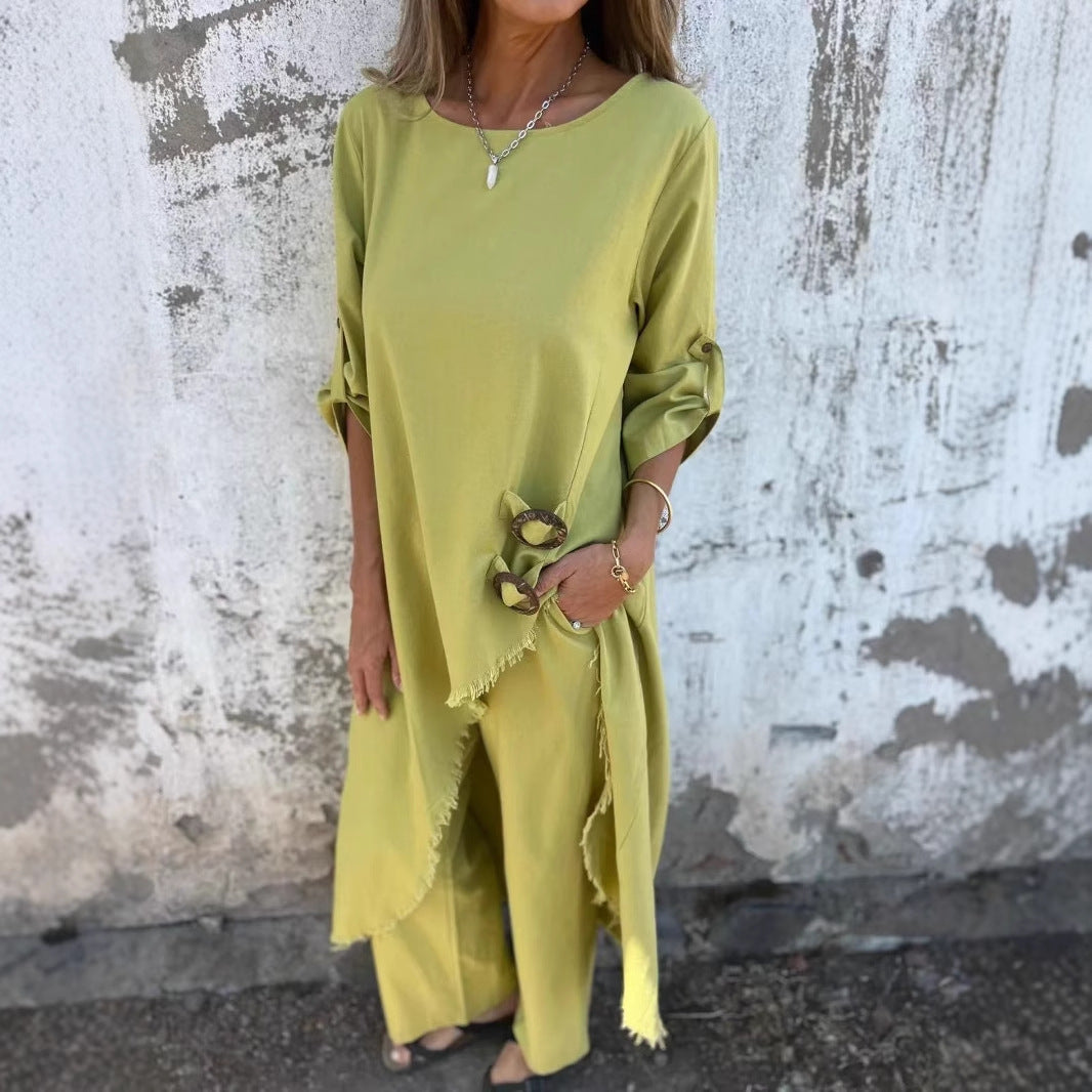 Spring Summer Metal Buckle Loose Irregular Asymmetric Robe Women Clothing