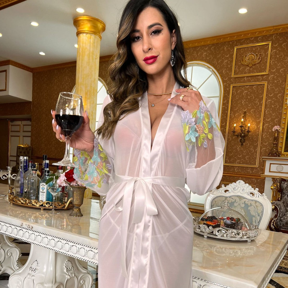 Ladies Nightgown Colorful Floral Embroidered Cuffs Satin Belt V neck Flared Sleeves Sexy Nightgown