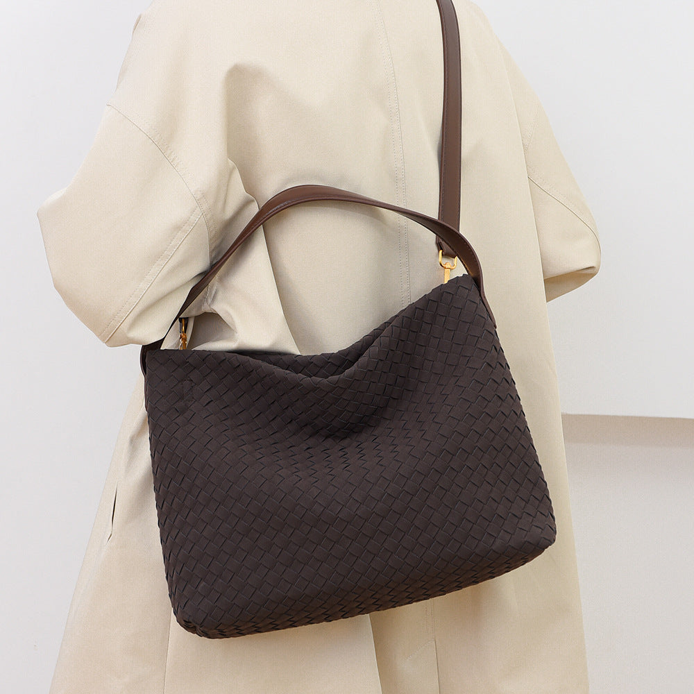 Bucket Bag Autumn Winter Matte Leather Woven Bag Large Capacity High Grade Shoulder Bag Office Messenger Bag